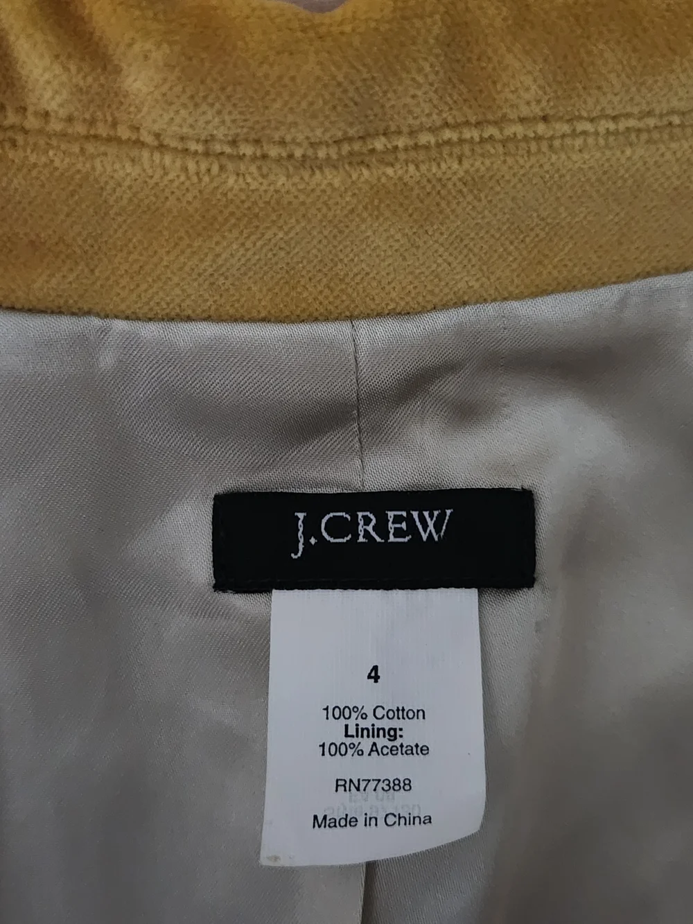 J.Crew Mustard Yellow Velvet Blazer Tailored Women Sz 4 Equestrian Old Money